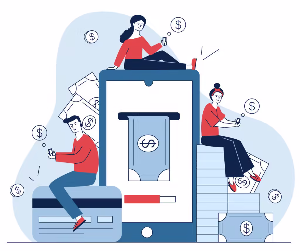 Flat illustration depicting people using a money-transferring mobile app.