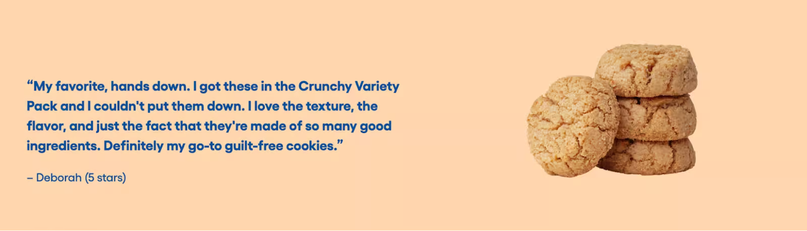 Stack of four round cookies on a peach-colored background beside a glowing customer review.