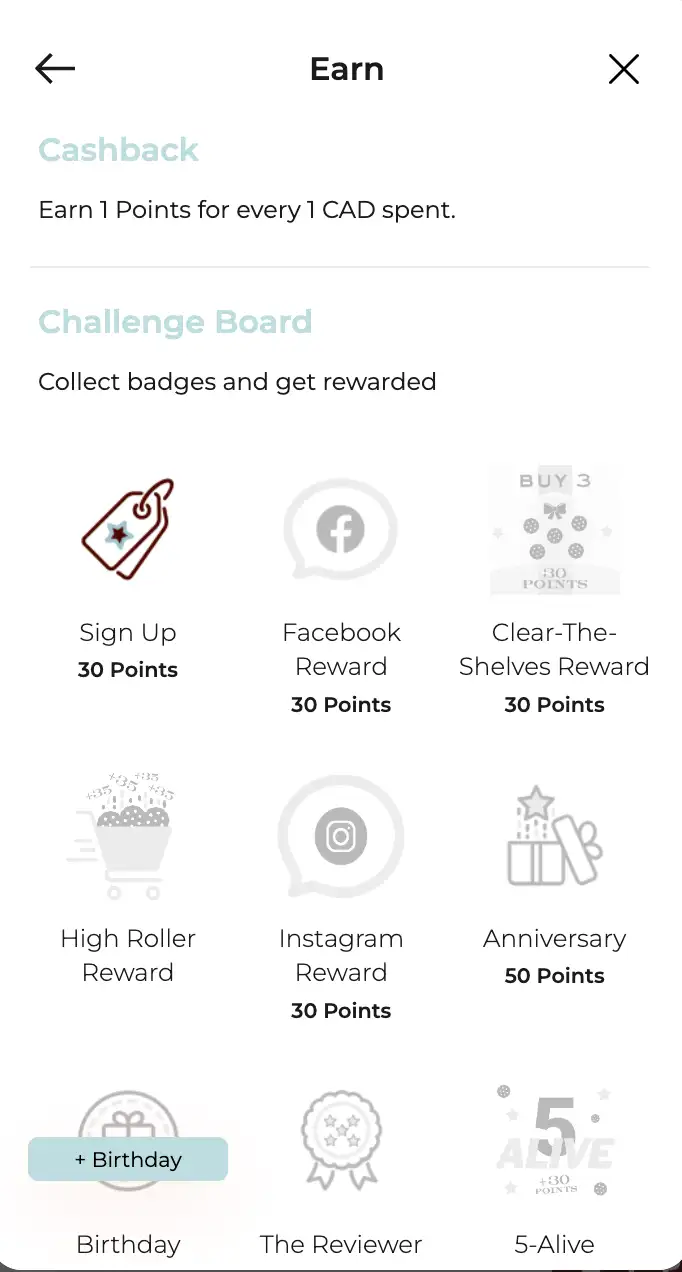 Screenshot shows a "Challenge Board" with a rewards program, including rewards for Facebook, Instagram and Sign Up.