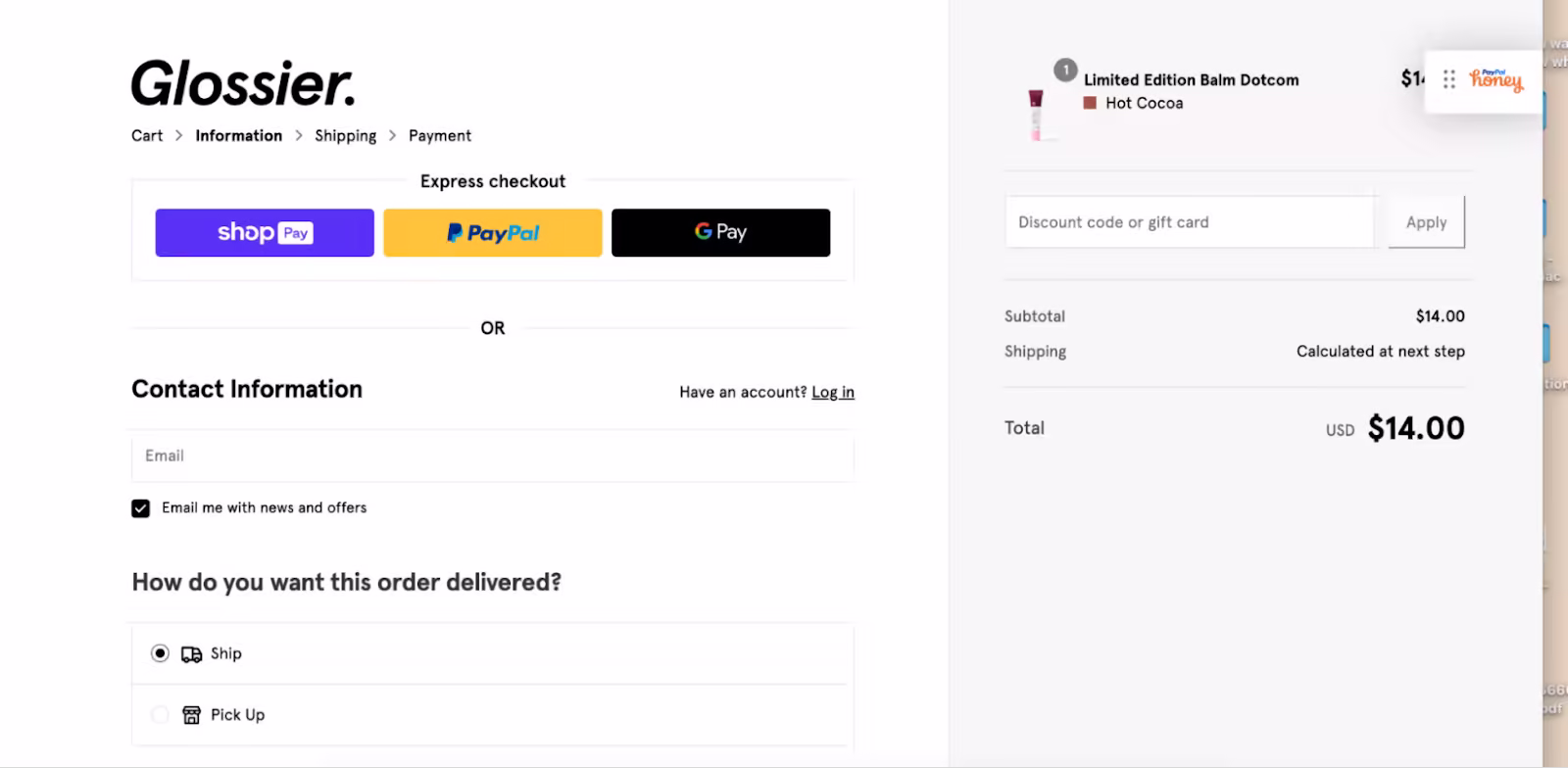 The Glossier checkout page for the "Hot Cocoa" Balm Dotcom, with express payment options available.