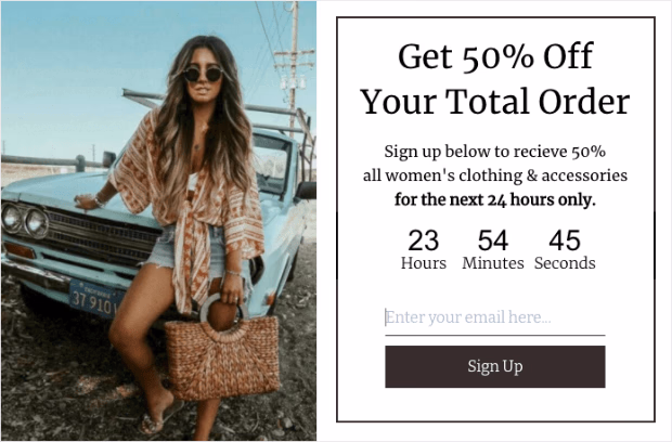 Advertisement for 50% off women's clothing and accessories appears next to a woman leaning on a vintage turquoise car.