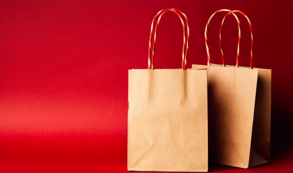 Two brown paper shopping bags with red and white striped handles on a solid red background.