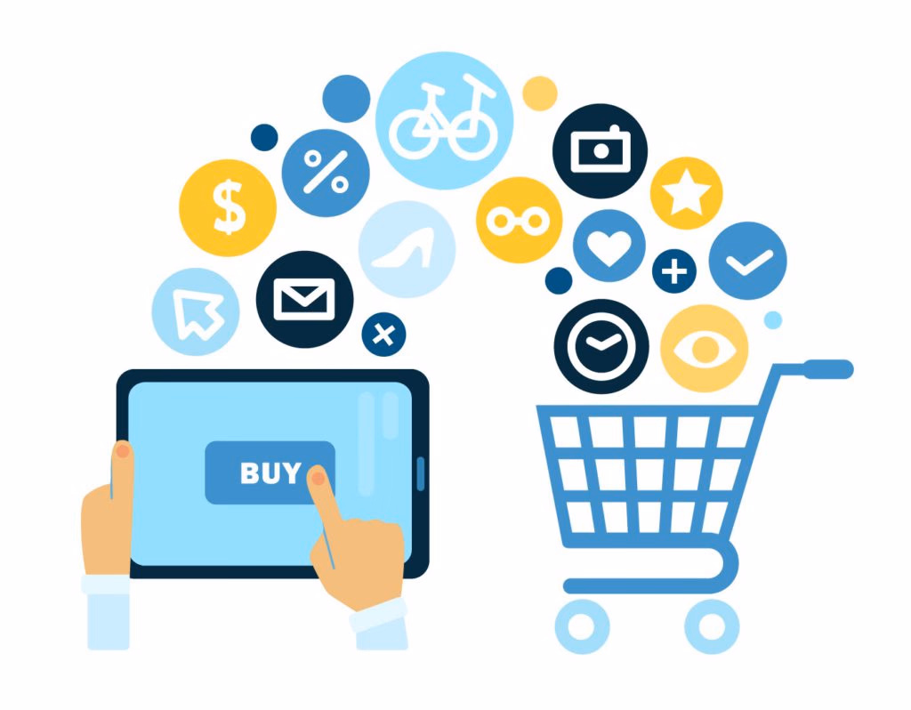 arm clicking buy on a tablet next to a shopping cart design. the different types of loyalty programs help you create loyalty and increase sales