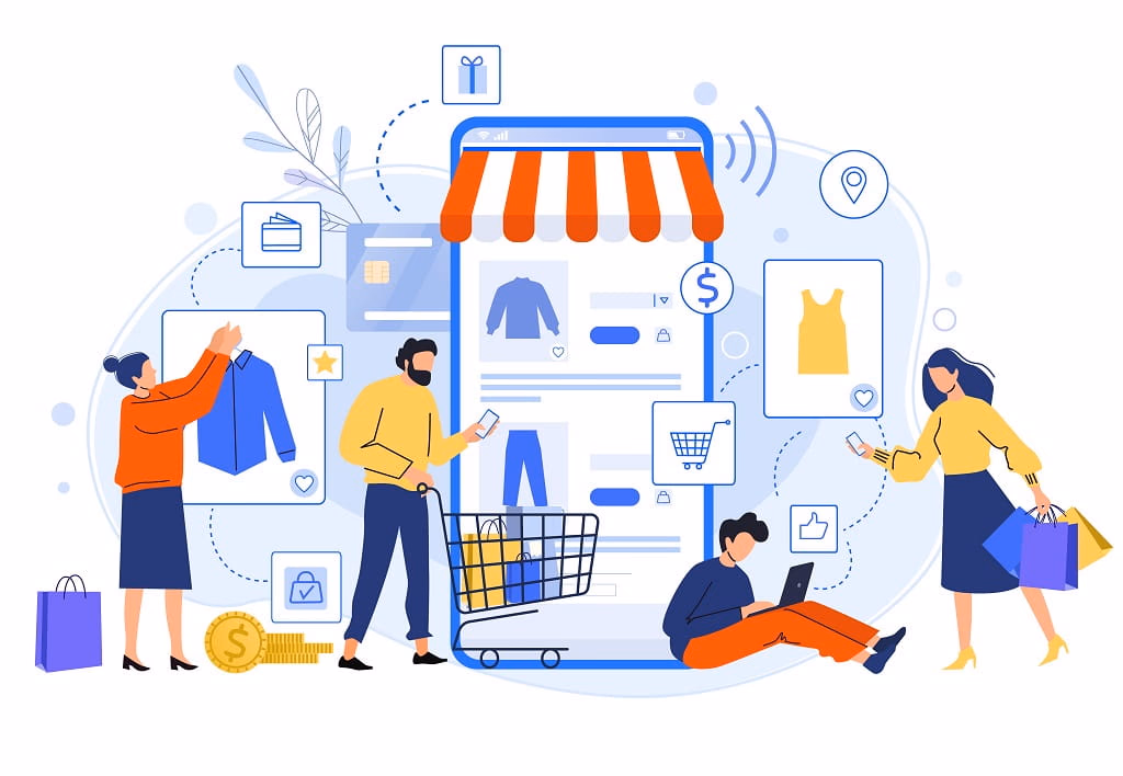 men and women buying products online and via mobile. Example of an omnichannel experience and using an omnichannel loyalty program which is one of the types of loyalty programs.