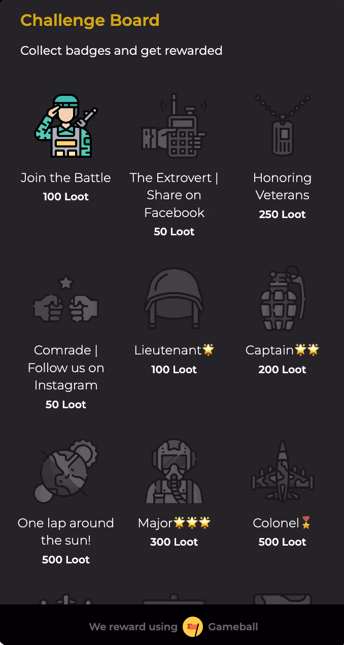 Challenge board with military themed icons offering rewards for social media actions.