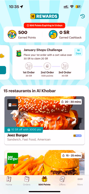 Smartphone screen showing a food delivery app rewards page with burger images and current deals.
