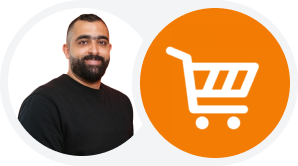 Headshot of a man with a beard, next to an orange circle with a shopping cart icon.
