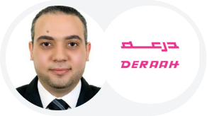 Headshot of a man beside the Derahh logo, written in both Arabic and English in pink type.

