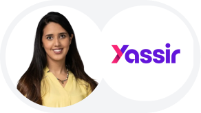 Woman with dark hair smiling beside the Yassir company logo in a decorative white circle.
