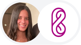Brunette woman's headshot next to a purple abstract, looped ampersand logo.
