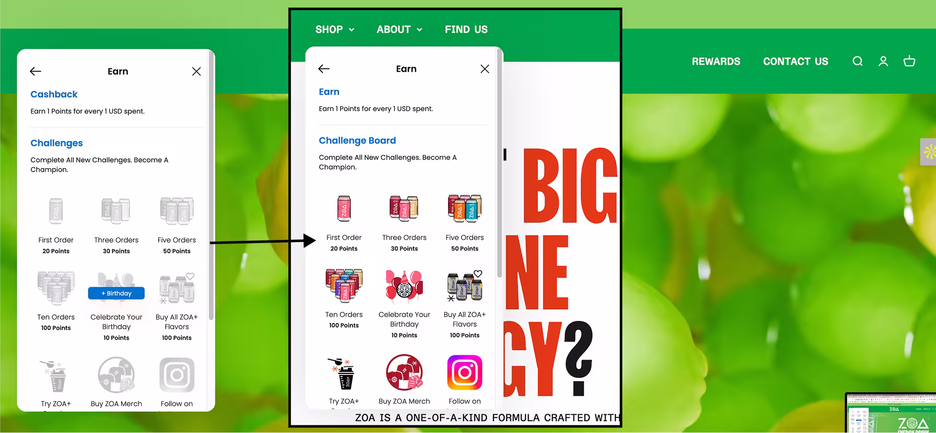 Screenshot of ZOA Energy's rewards program with points for purchases and challenges.