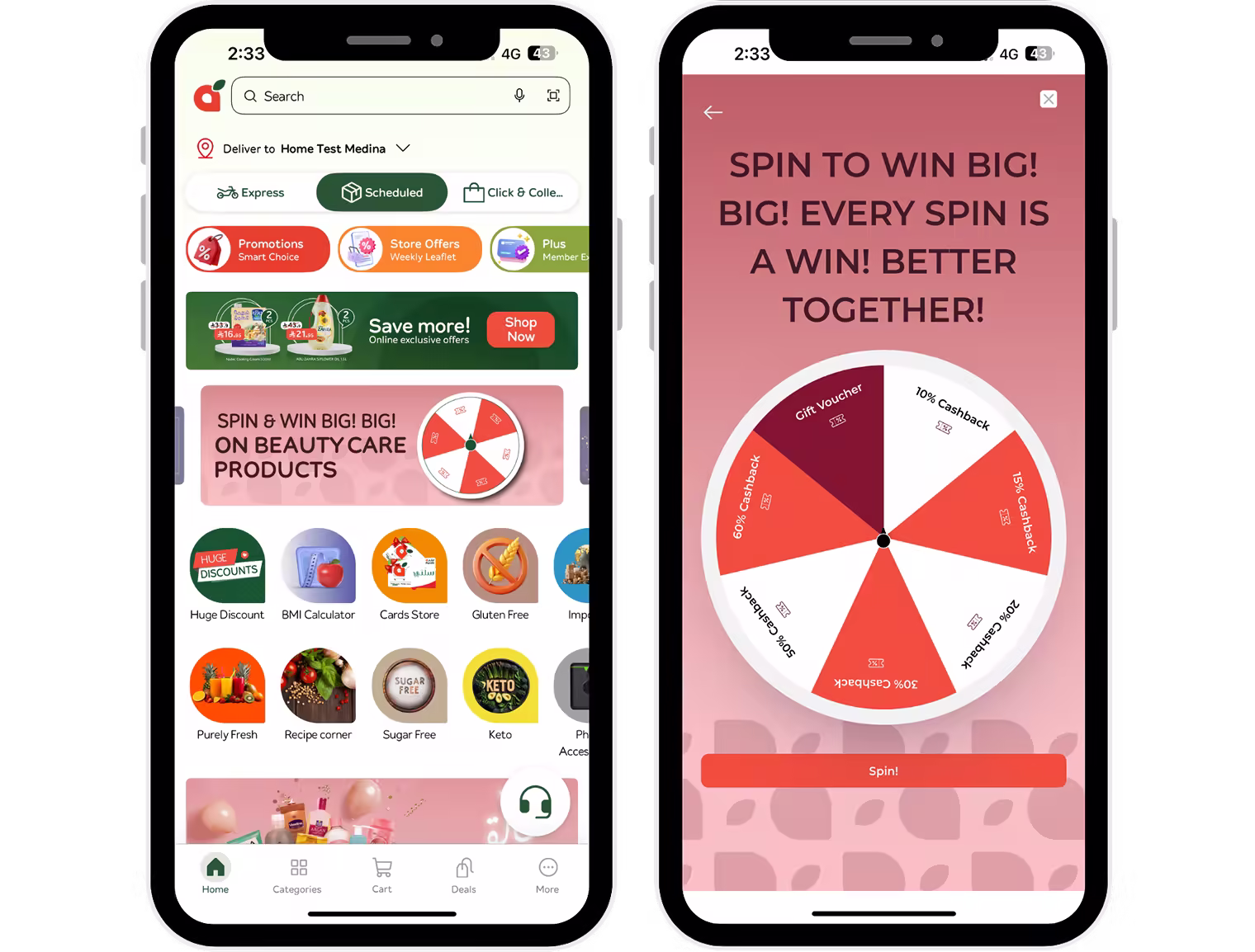 Smartphone displays an online grocery app's offerings and a "spin to win" cashback game.