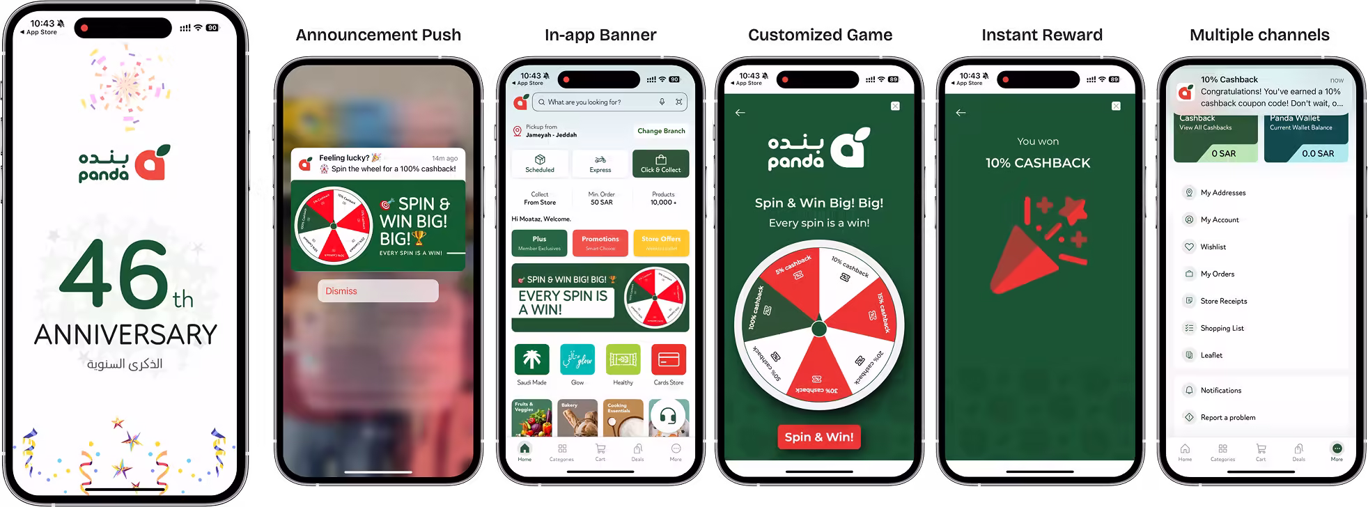 Mobile screens show the "Spin & Win Big" game from the Panda app.