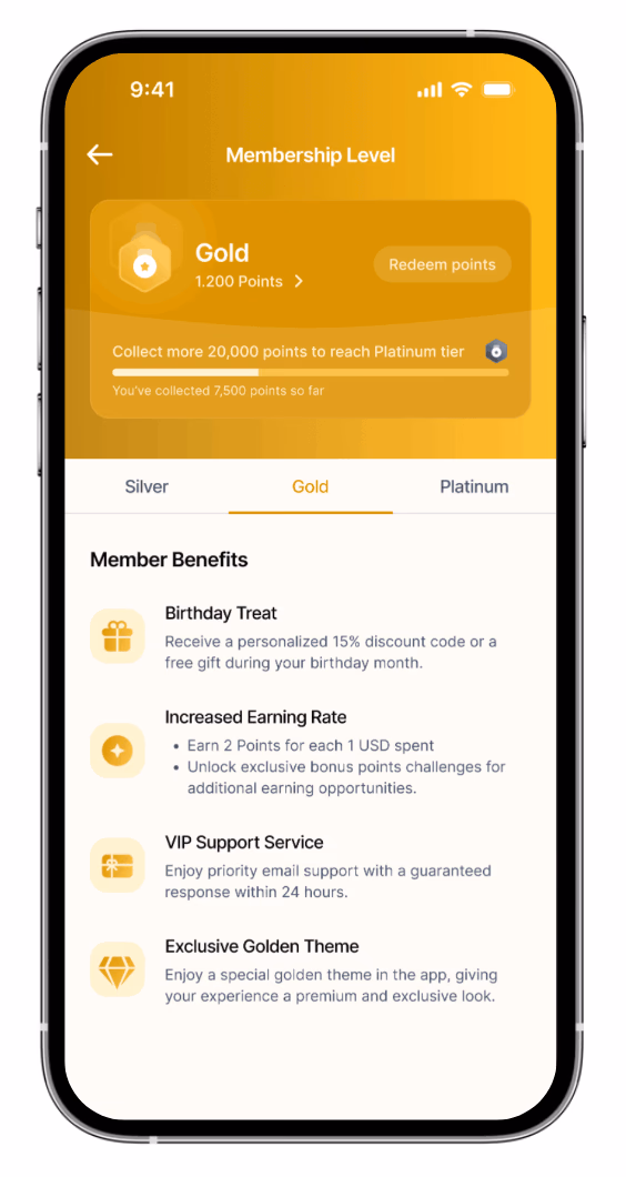 Smartphone screen displays a gold level loyalty program, showing membership points and benefits.