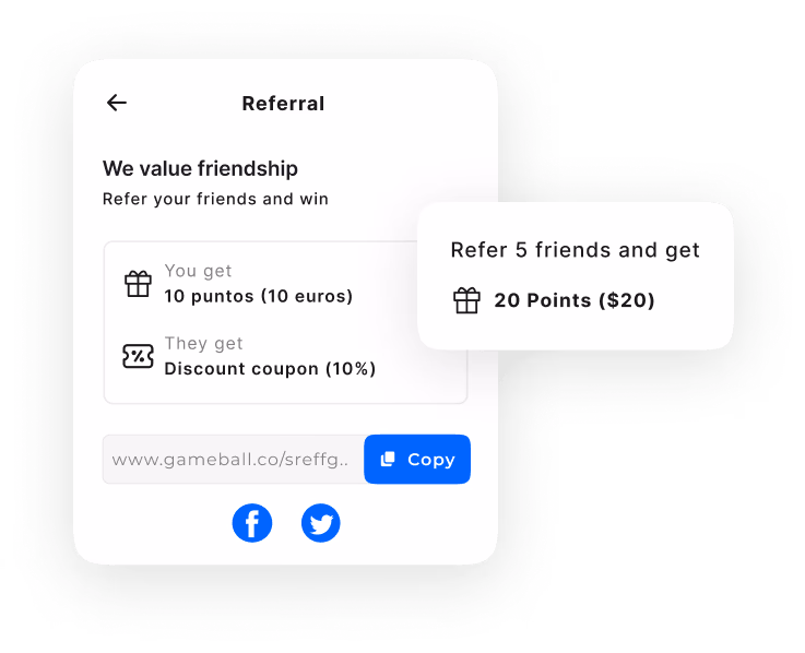 Screenshot of a referral program offering points and discounts for friend referrals.