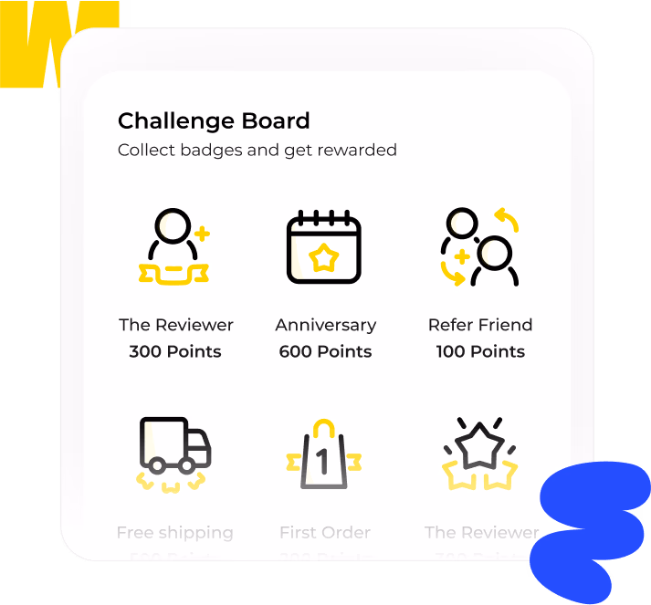 A challenge board shows reward icons and the points earned with each badge.