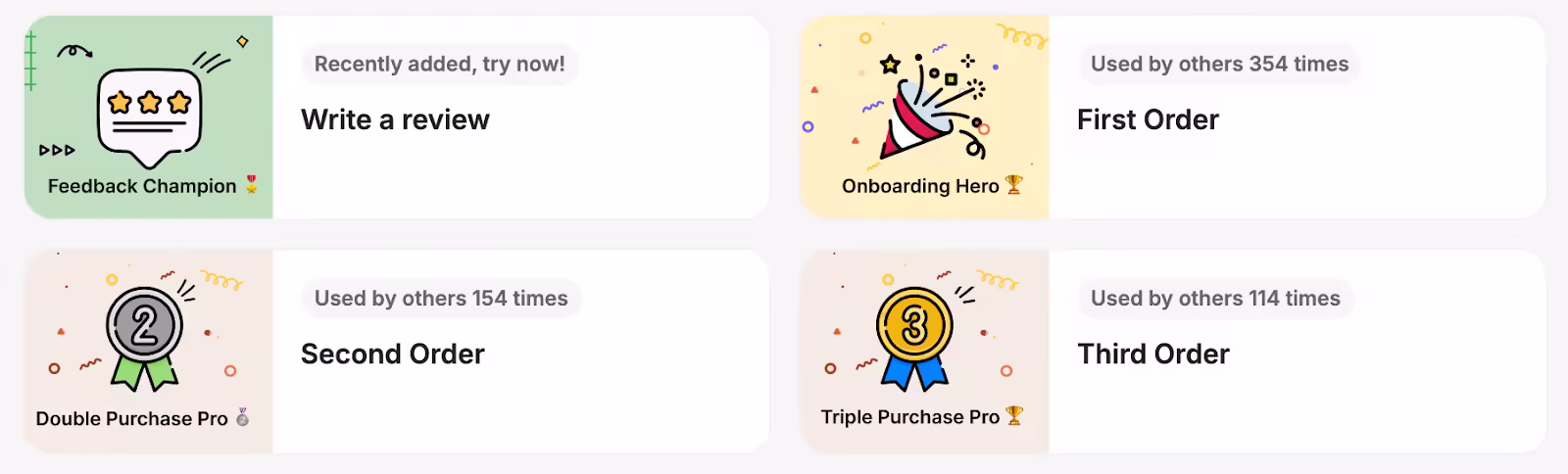 Achievement badges showcasing user milestones, including first, second, and third orders with review feedback.