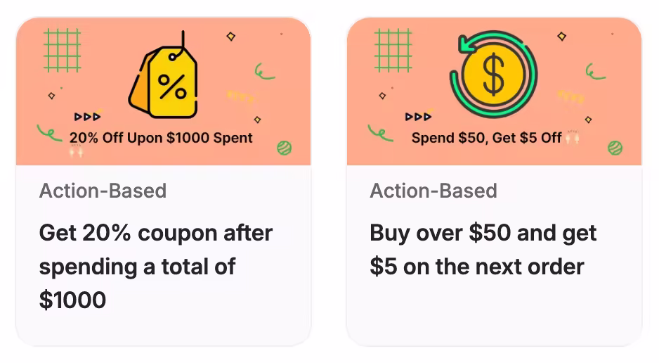 Two promotional cards are displayed listing tiered action-based discounts.