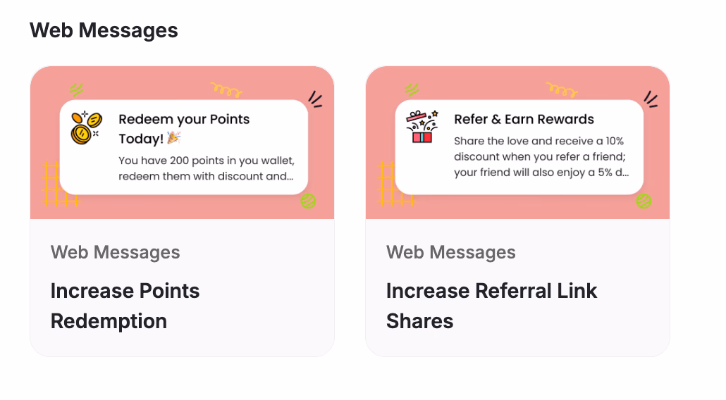 Two web message examples: redeem points and refer a friend.