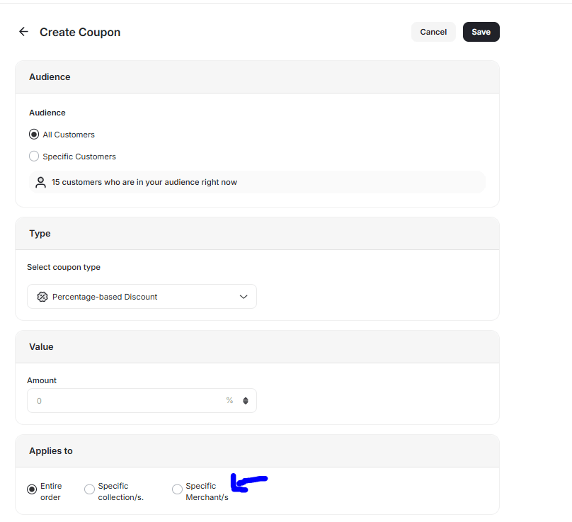 "Create Coupon" screen showing customer scope, discount type, value, and application to order.