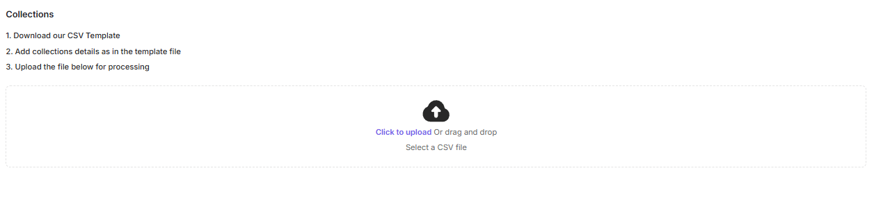 Screenshot shows instructions and a "Select CSV file" upload box with a cloud icon.