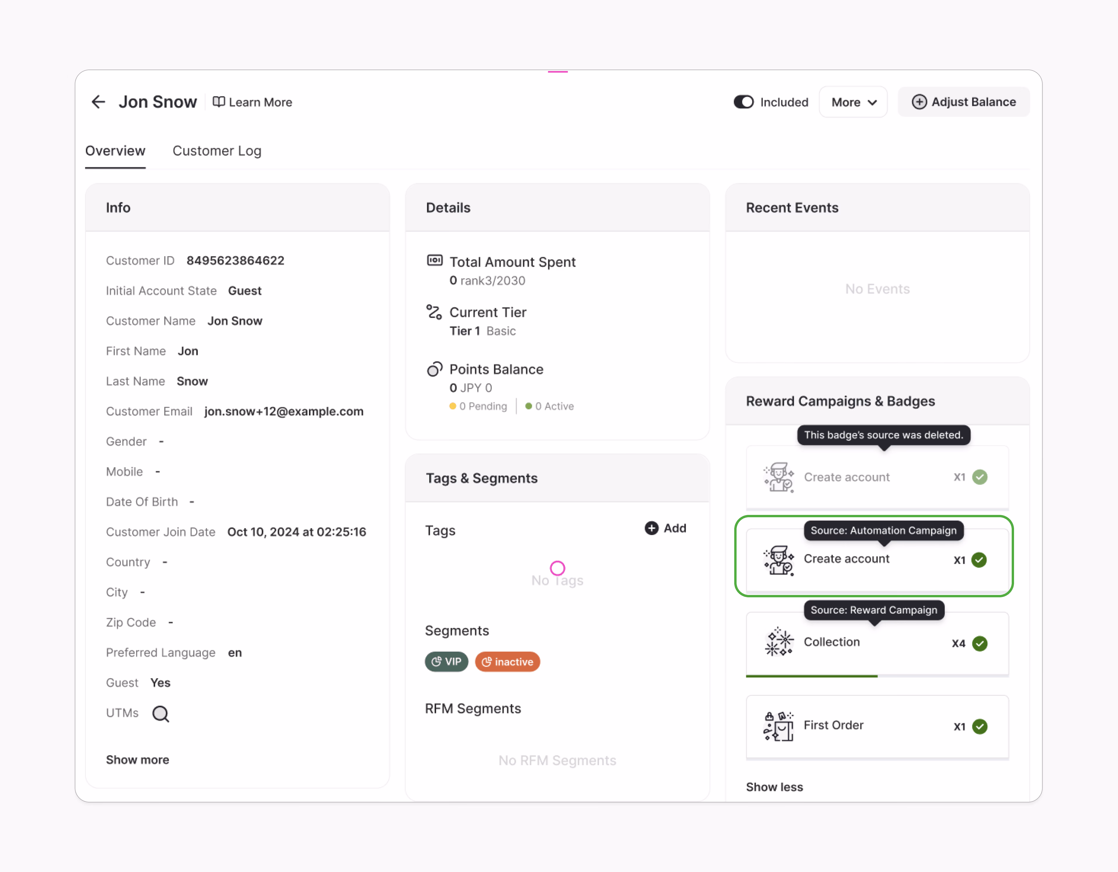 Customer profile page for Jon Snow, showing details and reward campaigns.