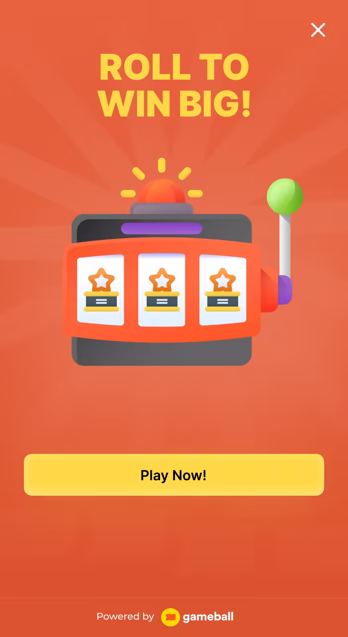 Slot machine graphic promises big wins on an orange background with a 'Play Now!' button.