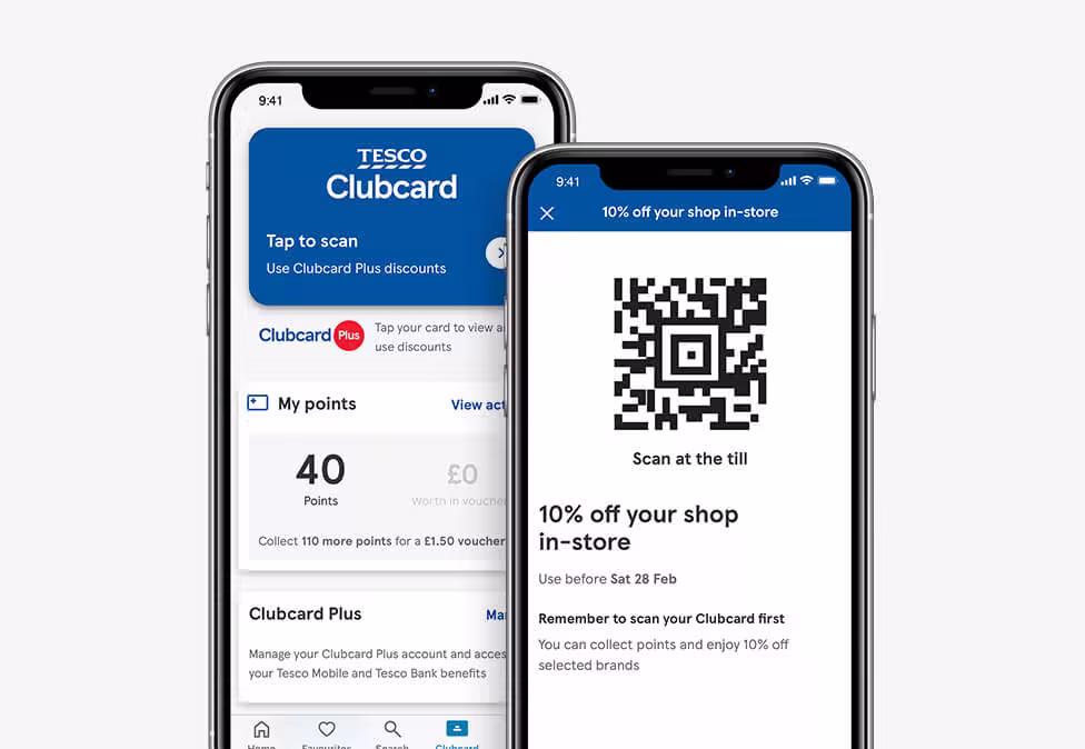 Two iPhones displaying the Tesco Clubcard app with points, vouchers, and a scannable QR code.
