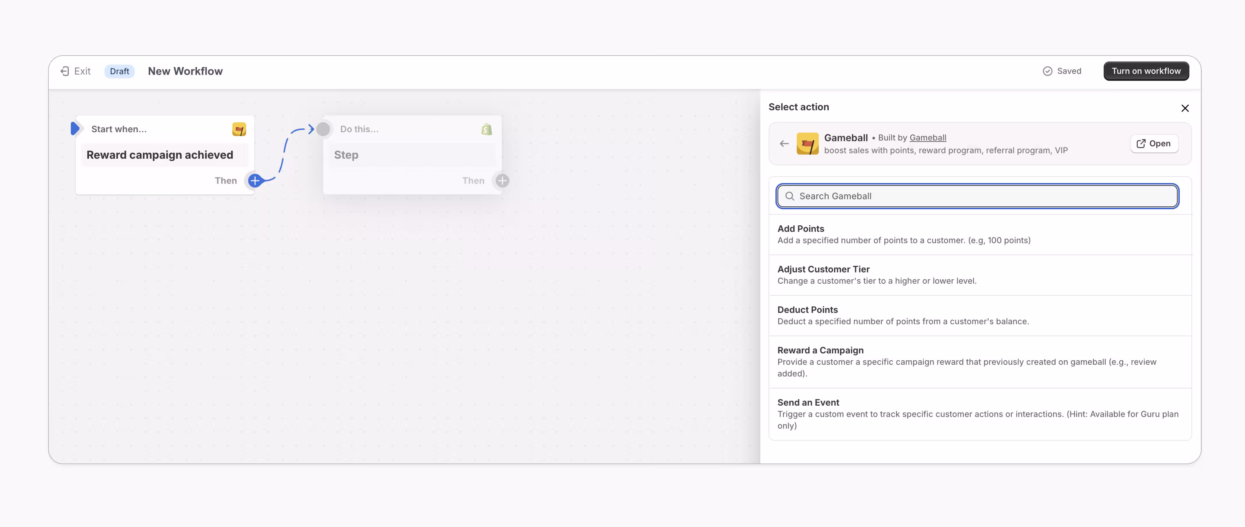 Screenshot of a "Reward campaign achieved" workflow using Gameball with actions to add/deduct points.