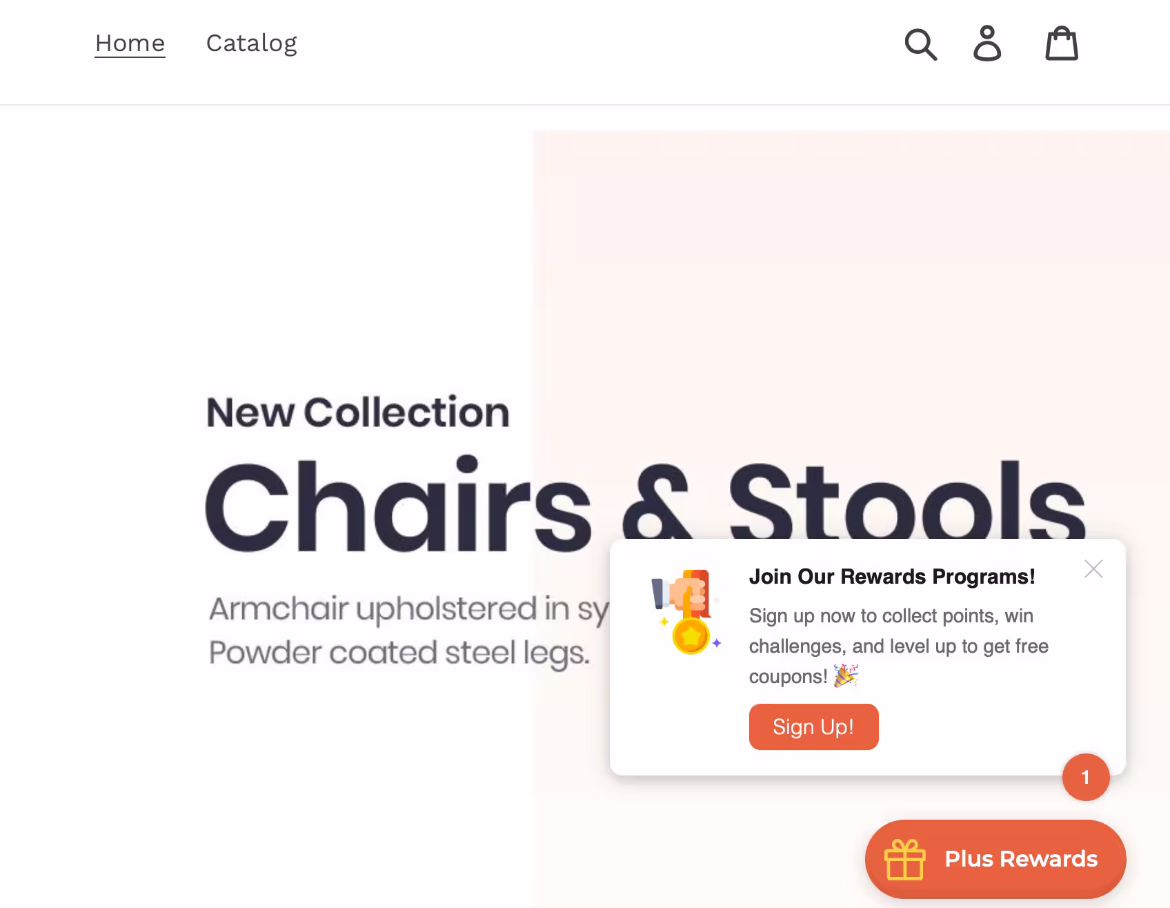 Website promoting a new collection of chairs and stools, with a rewards program pop up.