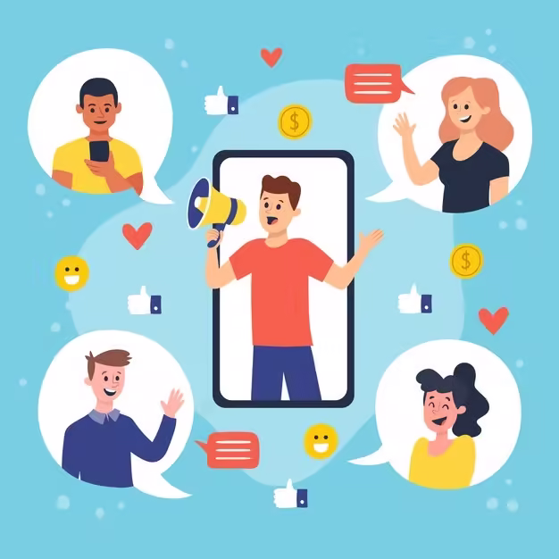 Cartoon of an influencer advertising using a megaphone, with social media icons.