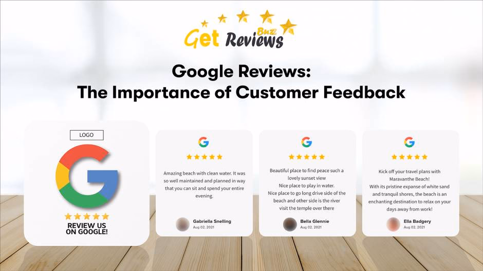 Google Reviews graphic: Importance of customer feedback, positive reviews of beach destination.