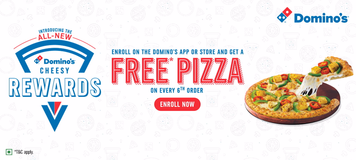 Domino's Cheesy Rewards advertises a free pizza after every sixth order for app/store enrollees.