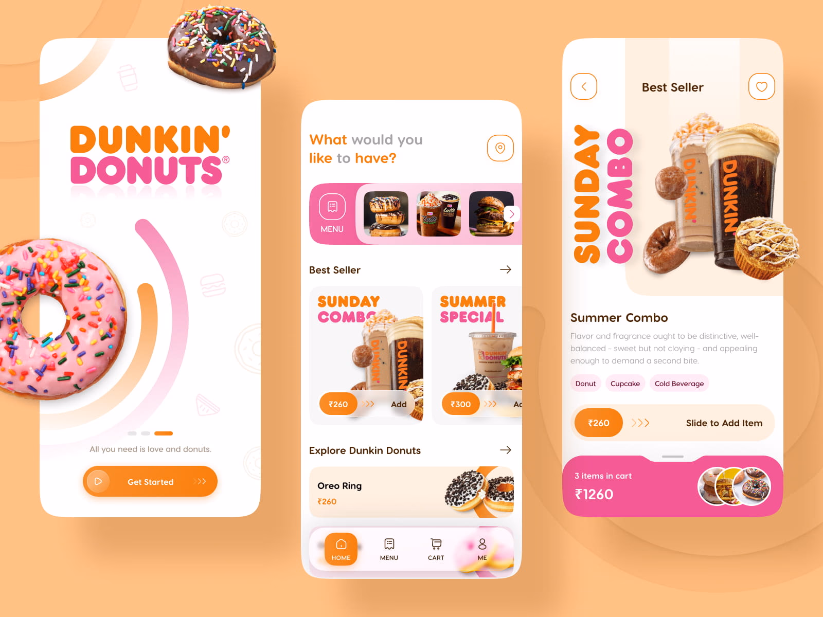 Dunkin' Donuts mobile app interface showcasing donuts and combo deals.