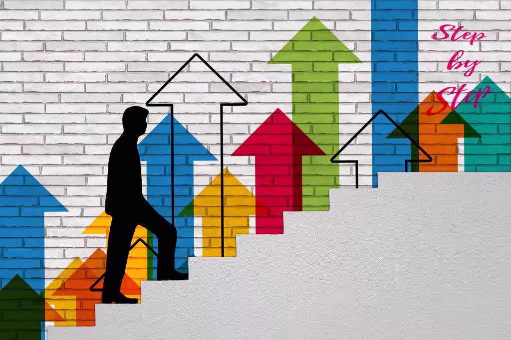 Silhouette of a man walking up steps, with an upward arrow graphic and "Step by Step".