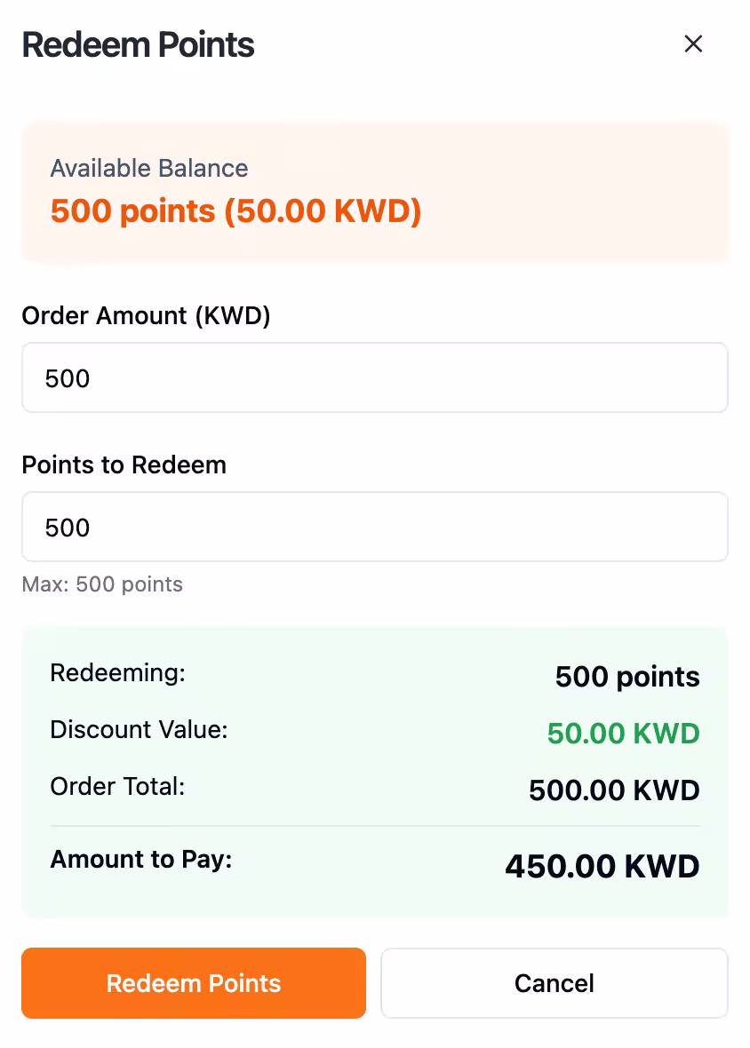 Points redemption screen with balance, order total, and amount due.