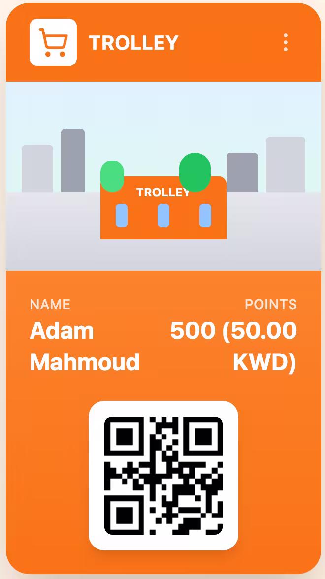 Trolley app screen showing Adam Mahmoud's 500 points (50.00 KWD) and a QR code.