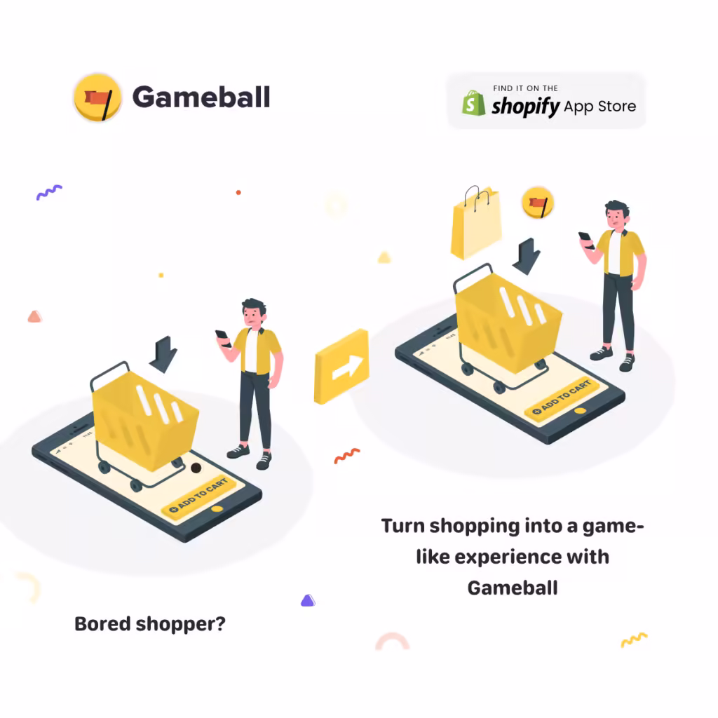 Gameball ad showing shopping cart moving to a phone screen, "Turn shopping into a game-like experience."