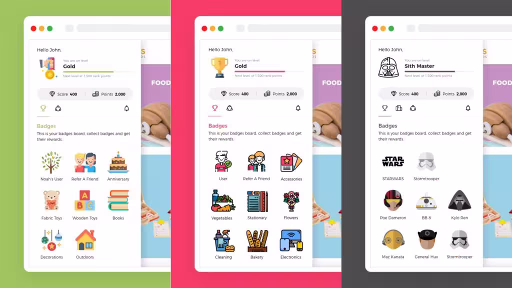 Digital reward badges for a user profile, styled with different themes.
