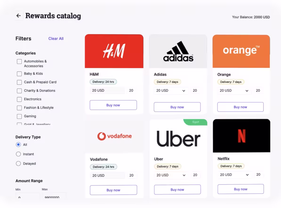 Rewards catalog interface showing gift cards from multiple brands with filters and price points.
