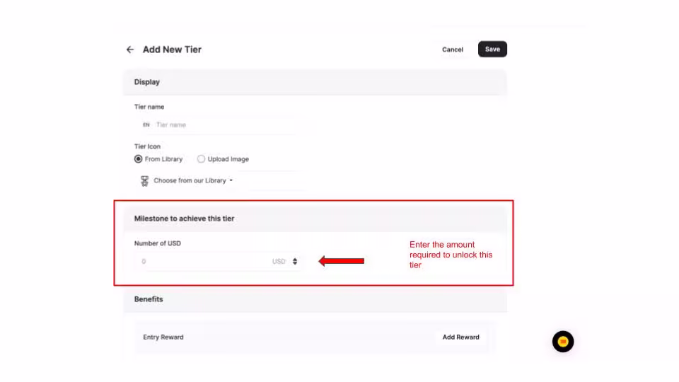 "Add New Tier" form interface showing milestone amount to achieve tier, in USD.