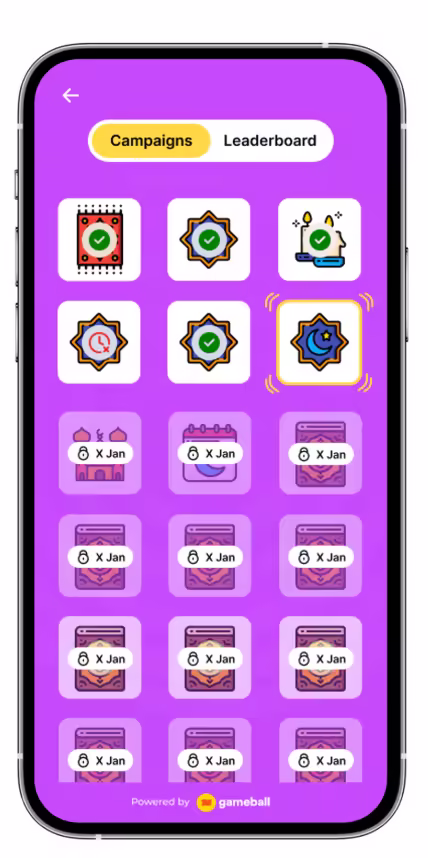 Mobile app screen featuring Ramadan campaigns with colorful icons and a purple background.