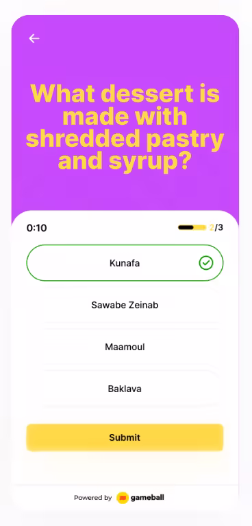 Mobile game quiz: "What dessert made with shredded pastry and syrup?". "Kunafa" highlighted as the correct answer.