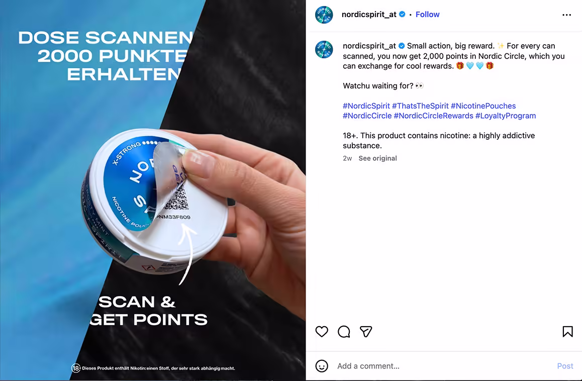 Person holds can of nicotine pouches with lid partially open to reveal a QR code for a rewards program.