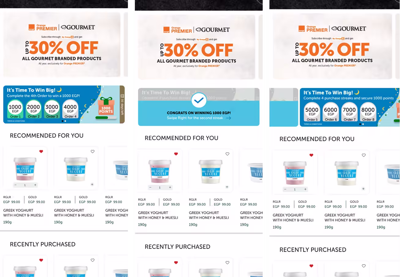 Screenshots of a food delivery app, showing deals, promotions, and yogurt product listings.
