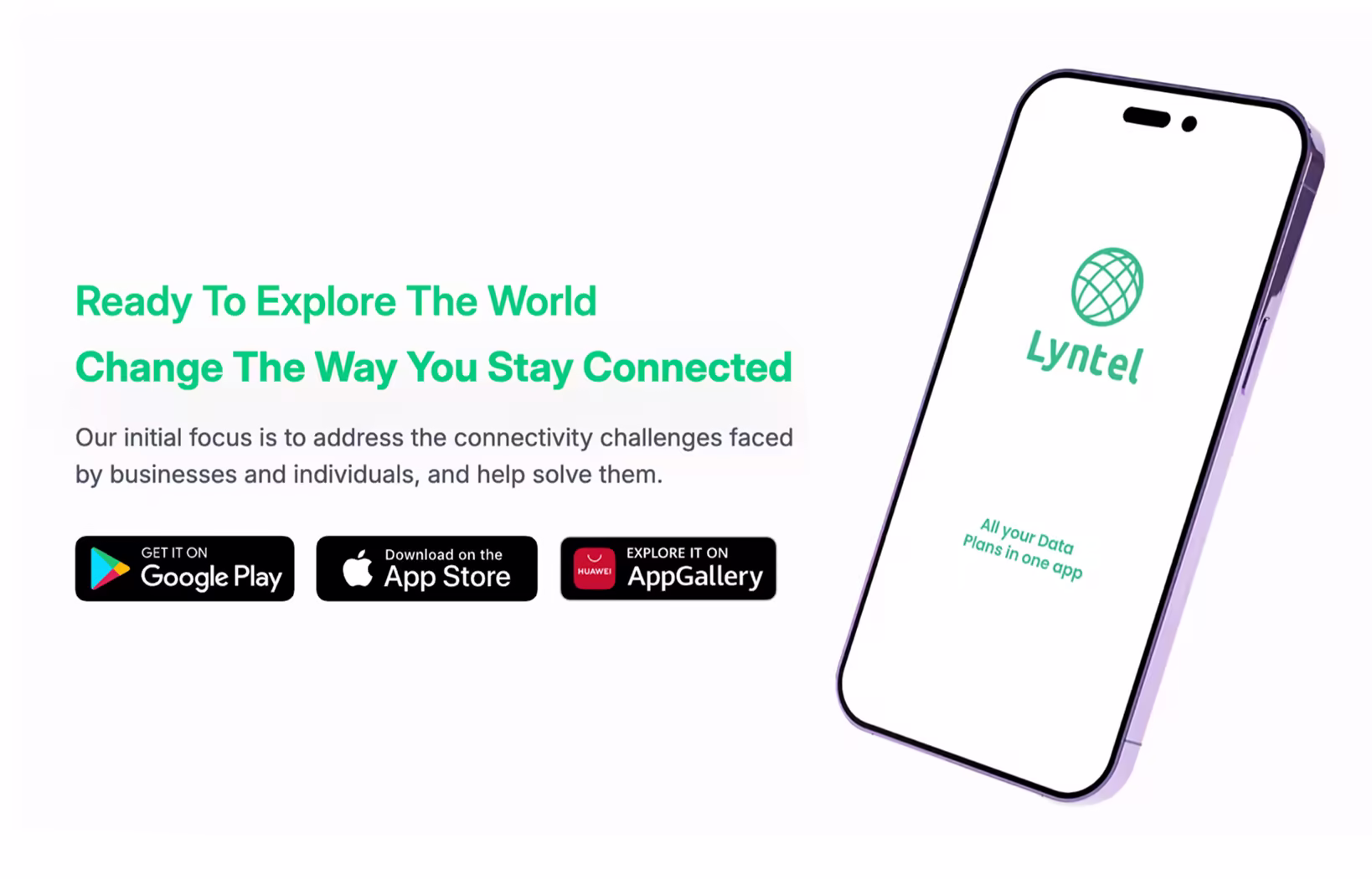 Lyntel app promotion with smartphone image and app store download buttons.