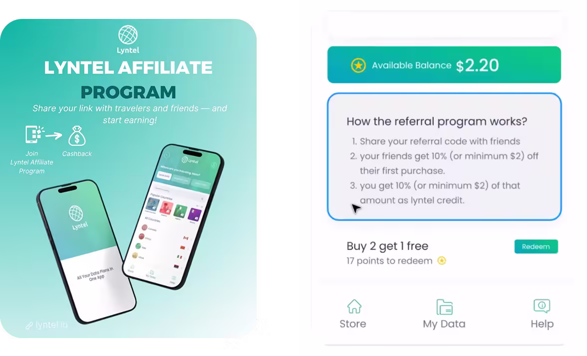 Lyntel affiliate program promotion showing referral benefits and available balance on a smartphone.