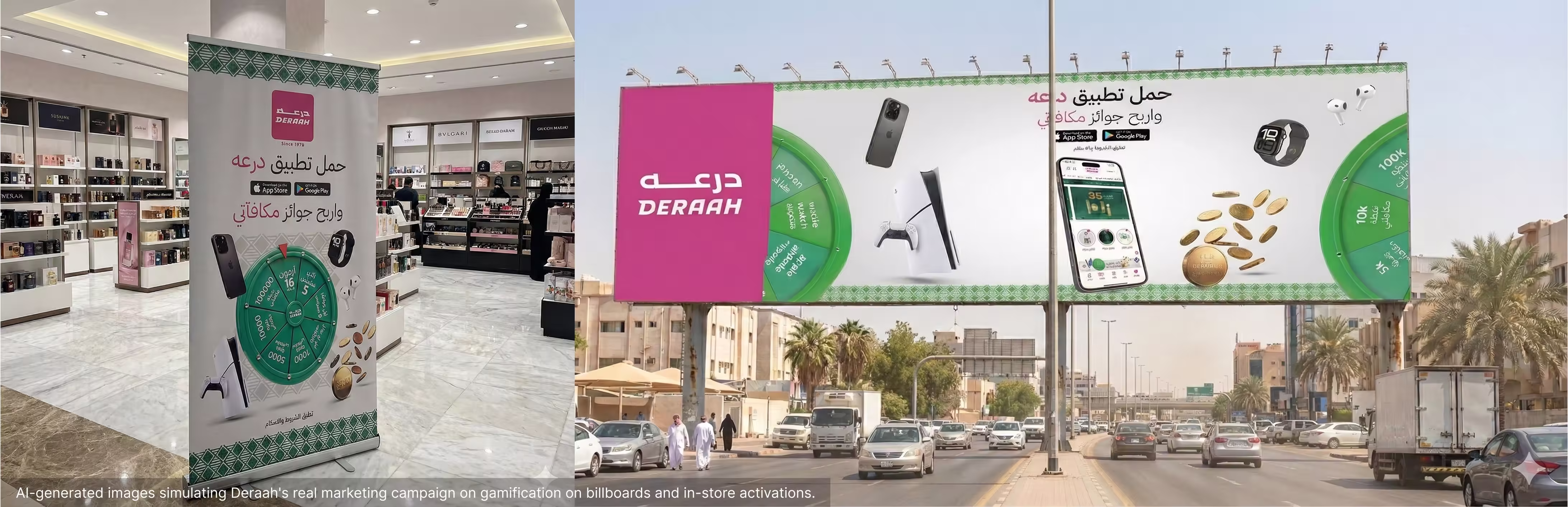 Deraah marketing campaign uses gamification on billboard and in-store signs with a wheel for prizes.