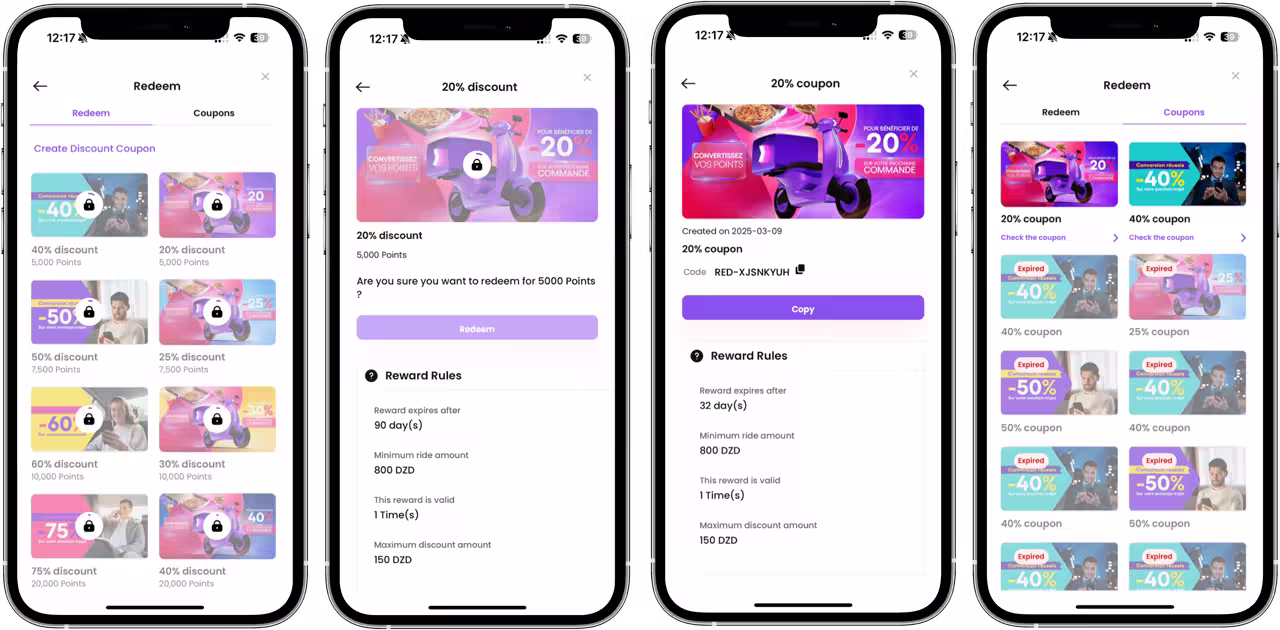 Screenshots show a mobile app with discount coupons, including details like point requirements, discount amounts, rules, and redemption options.
