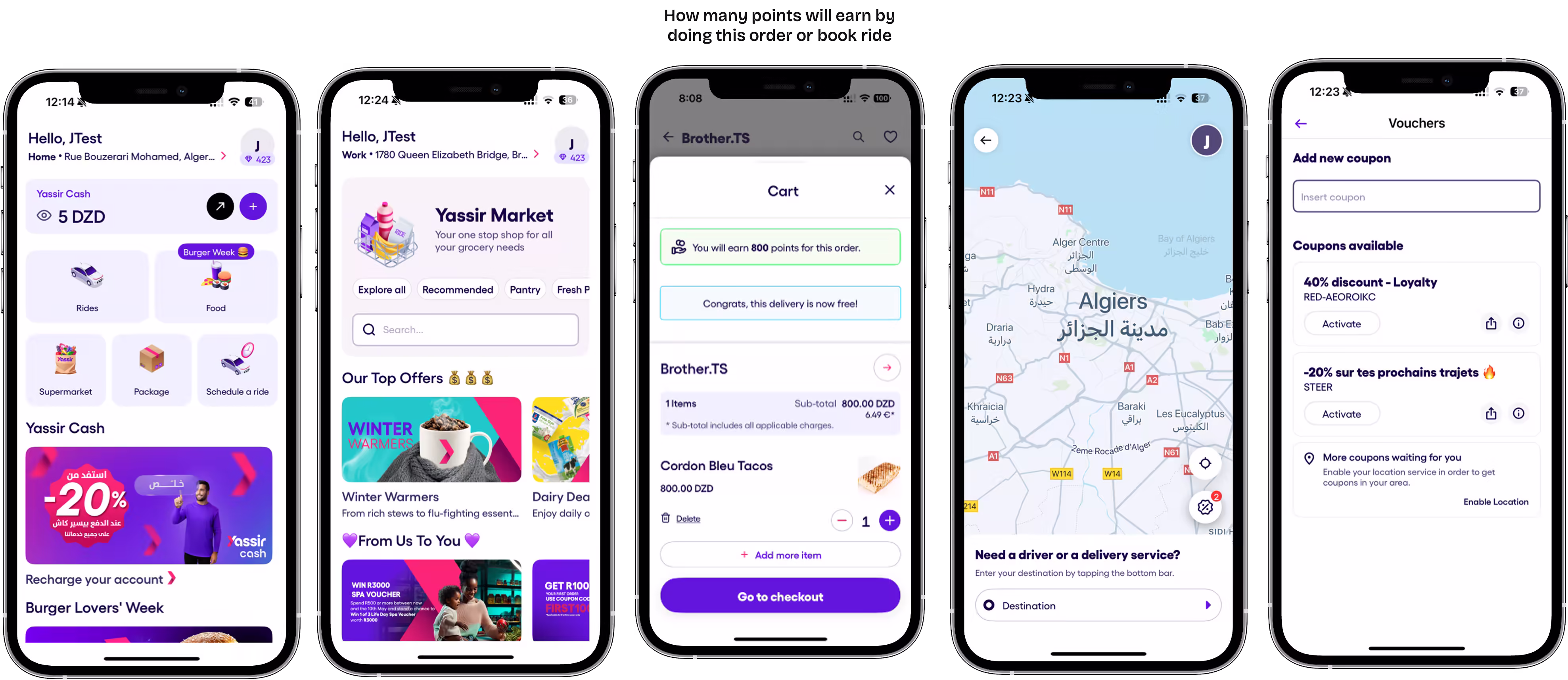 Mobile app with multiple screens, showing rides, food ordering, maps, and discount coupons.